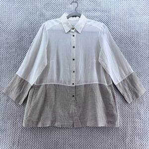 iLinen Top Womens M Beige Linen Colorblock Tunic Button Front Pockets Lagenlook